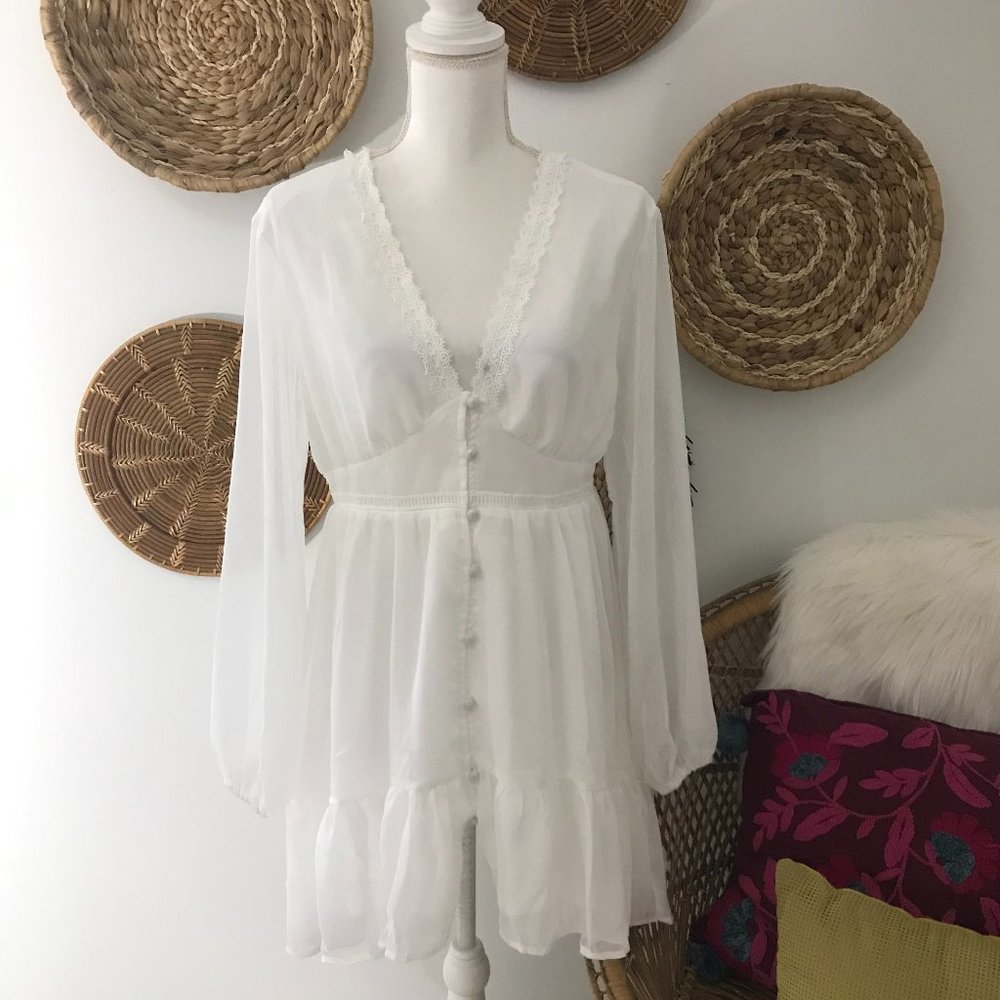 SHEIN White Boho Ruffle Long Sleeve Mini Dress - Picture 2 of 9